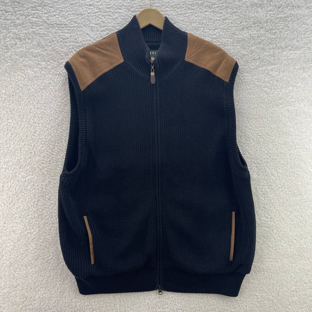 Orvis Sweater Vest Mens XL Black Full Zip Suede Trim Shooting Hunting Hiking